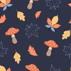 Seamless autumn pattern with mushrooms, leaves on a blue background