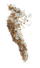 Salt mix sand flying explosion, great big white salts flower explode abstract cloud fly. Sand salt rock splash in air, seasoning element design. White background isolated high speed freeze motion