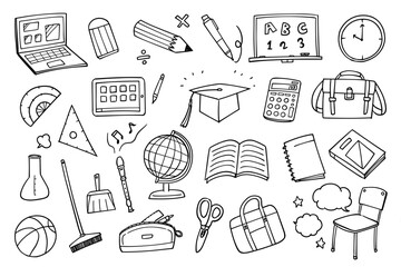 Set of hand-drawn rough line illustrations with a school theme