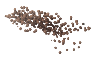 Clay Drainage big size ball pour fall down, explosion in air. Clay Drainage ball splash in shape form line explosion. White background isolated high speed shutter freeze motion