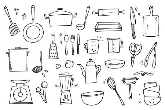 Set of hand-drawn rough line illustrations of cooking utensils.
