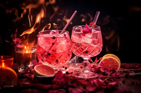 Cocktail drinks on table signature drink with fruits, candels, fire, in a calid and warm environment