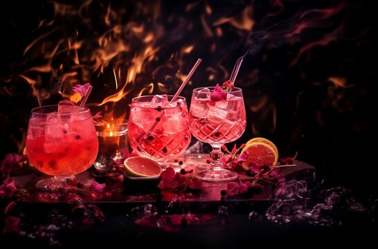 Cocktail drinks on table signature drink with fruits, candels, fire, in a calid and warm environment