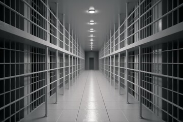 Modern prison, background. Long bright corridor with bars. AI generated, human enhanced
