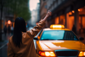 A woman hails a taxi on the street. AI generated, human enhanced - obrazy, fototapety, plakaty