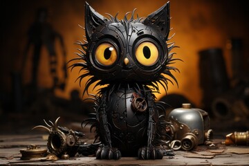 Crazy black cat in steampunk style. The concept of superstition. AI generated, human enhanced
