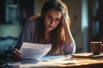 Woman doing paperwork. The concept of being stuck at work or preparing for an exam. AI generated - obrazy, fototapety, plakaty