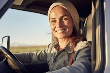 Woman truck driver. Background with selective focus. AI generated, human enhanced