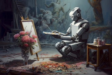 キャンバスに絵を描く人工知能AIロボット「AI生成画像」