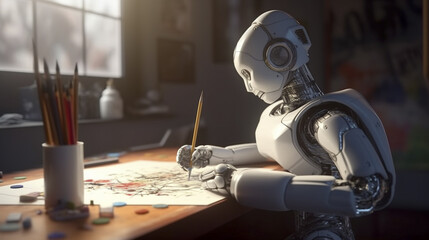 Fototapeta na wymiar キャンバスに絵を描く人工知能AIロボット「AI生成画像」