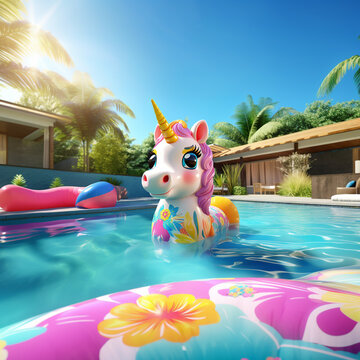 Unicornio inflabe en una piscina