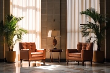 Sunlit Lobby Lounge:  Two Leather Armchairs, Tropical Plants, & Elegant Lighting