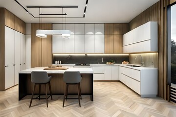 Interior design of contemporary minimal kitchen with marble top and cupboards with appliances and basin, white walls and shelves with bottles.