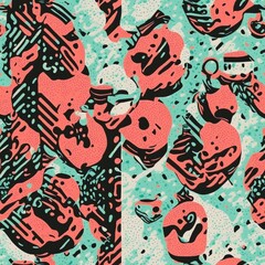seamless pattern with random objects, in retro revival style