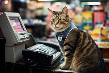 The cat seller at the checkout in the supermarket. Generative AI - obrazy, fototapety, plakaty