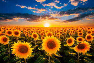 Obraz premium Fields of blooming sunflowers. Generative AI