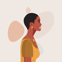 Young beautiful African American woman profile portrait. Female person with brown skin and curly hair. Vector illustration