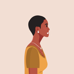 Young beautiful African American woman profile portrait. Female person with brown skin and curly hair. Vector illustration