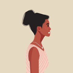 Young beautiful African American woman profile portrait. Female person with brown skin and curly hair. Vector illustration
