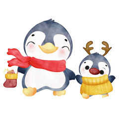 Cheerful Winter Penguin Wearing with Presents Box. 