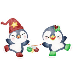 Cheerful Winter Penguin Wearing with Presents Box. 
