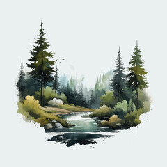 an illustration of the forest with trees and water