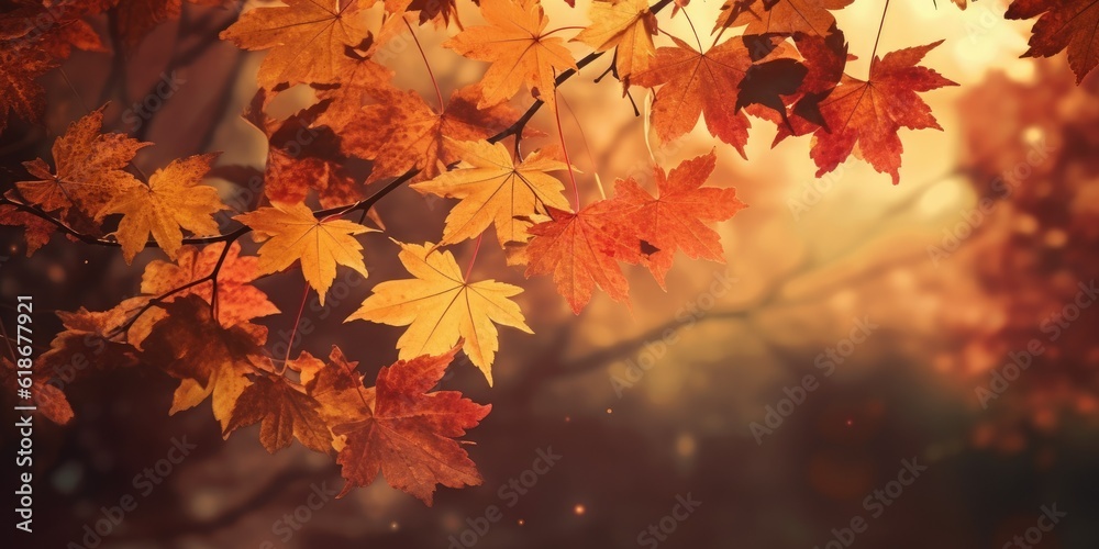 Leinwandbilder web banner design for autumn season and end year activity with red and yellow maple leaves with soft