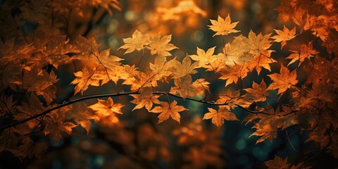 web banner design for autumn season and end year activity with red and yellow maple leaves with soft focus light and bokeh background