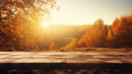 Wood table in autumn landscape with empty copy space for product display - obrazy, fototapety, plakaty