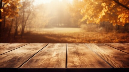 Wood table in autumn landscape with empty copy space for product display