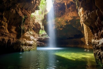 Sunlit Waterfall Plunging into Secret Grotto Pool