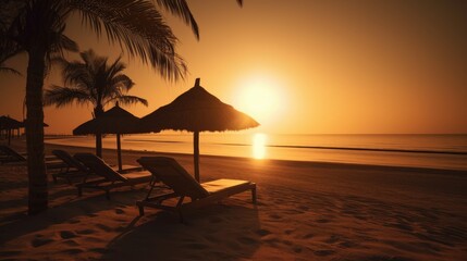 Chaises longues, inspirational tropical beach, palm trees and white sand. Tranquil scenery, relaxing beach, tropical landscape design.