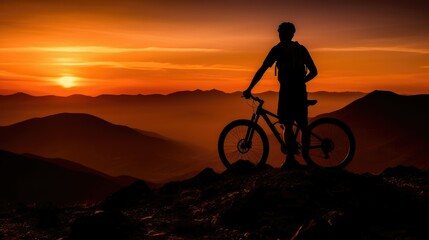 Cyclists silhouette standing on big rock against sunset. Mountain bike concept