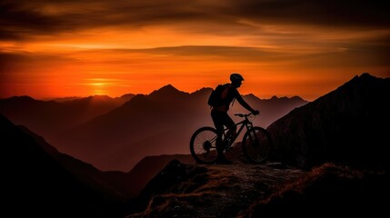 Cyclists silhouette standing on big rock against sunset. Mountain bike concept