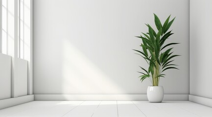 Tropical plant with lush leaves on floor near white wall. Space for text