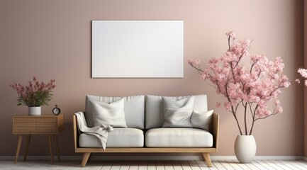 Fototapeta na wymiar Blank picture frame mock up in beige room interior , 3d rendering