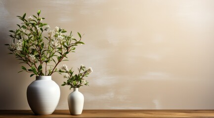 White spirea in vase on white background with text space