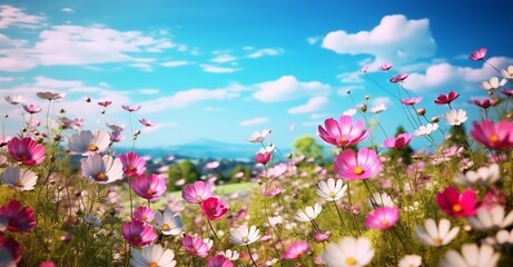 An illustration of multicolored cosmos flowers in a meadow during spring or summer, against a blue sky in nature with selective soft focus. Made with Generative AI technology
