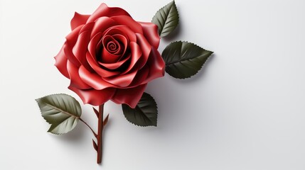 One red rose with stem isolated on white background