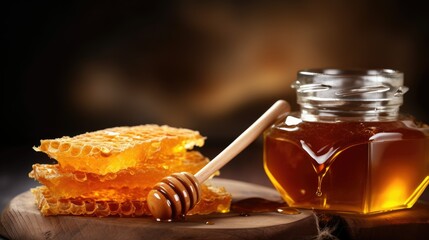 Honeycomb with honey dipper isolated on a white background. Organic natural ingredients. - obrazy, fototapety, plakaty
