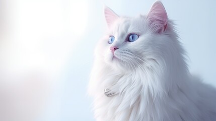 Portrait of white reg doll cat posing, looking at camera. Funny and beautiful white pet little cat or kitty, with text space can use for advertising, ads, branding