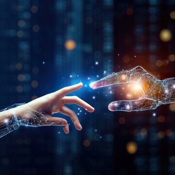 3D rendering human and robot fingers making contact on blurred big data network connection background