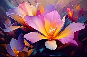 Colorful vibrant floral background of tropical plants and flowers. Made with Generative AI technology