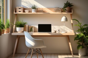 Create a modern workplace in a bright Scandinavian interior. computer and keyboard on a wooden table