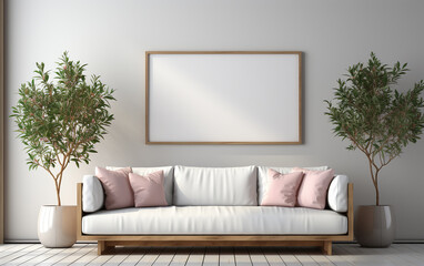 Adorning the white walls are white frames in the modern living room, which also features a white sofa.   Generative AI