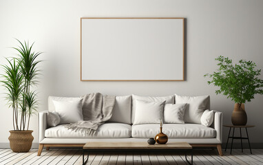 The living room has a modern aesthetic with a white sofa, and white frames are displayed on the white walls.   Generative AI