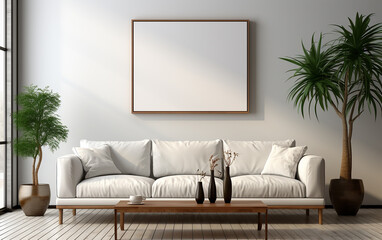 In the contemporary living room, you'll find a white sofa accompanied by white frames adorning the white walls.   Generative AI
