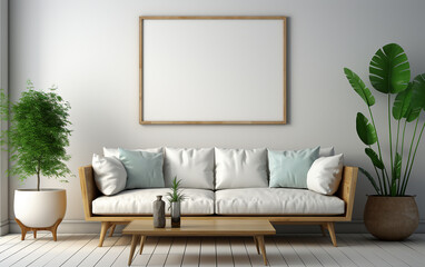 A modern living room with a white sofa is adorned with white frames on the white walls.   Generative AI