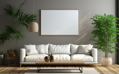 In the modern living room, there is a white sofa, and white frames are hung on the white walls.   Generative AI