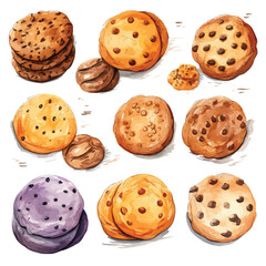 chocolate chip cookies illustration in pastel watercolor style